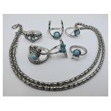 Silver Necklace & Imitation Turquoise Rings