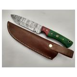 Green & Red Damascus Steel Hunting Knife