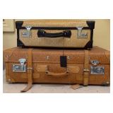 2 Vintage Indigo Woven Leather Handle Luggage Bags