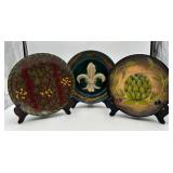 3 Hand Painted Decorative Plates with Stands