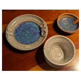 3 Stoneware Ashtrays, 2 Signed