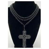3-Strand Black Beaded ï¿½Roarï¿½ Necklace w/ Cross