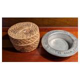 Pewter Wine Bottle Coaster & Small Woven Basket