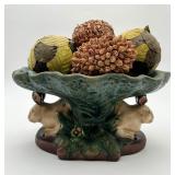 Majolica Style Twin Rabbit Centerpiece Bowl