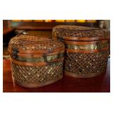2 Matching Woven Bamboo & Brass Baskets
