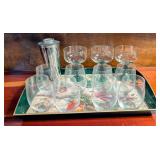 Designer Tray w/11 Bar Glasses & Cocktail Shaker