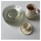 Clay Pitcher, Tea Cup/saucer, Glass Salad Plates