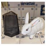 White Ceramic Rabbit, Blue/Gold Trim Flower Pot