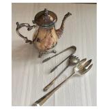 Silver Plated Coffee Pot & Tongs, 2 Spoons