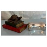 Bronze Turtle Paperweight, Chrome Bone Trinket Box