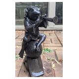 Bronze Frog Playing Horn Statue 14"