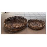 2 Round Wicker Tray Baskets with Handles