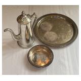 Silver Plated Tea Pot, Candy Dish, Tray