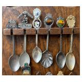 Vtg Collectible Souvenir Spoons On Display Board