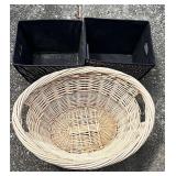 Wicker Basket & 2 Square storage Baskets