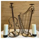 Metal Cello & Harp Candle Holders, 2 Candles