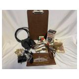 Binoculars w/Case, Gold Keys, Clipboard, Bank Bag