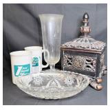 Vintage Trinket Box, Glass Bowl, Vase, Mugs