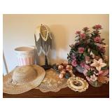 Lamp, Trash Can, Hat, Doilies, Floral & Wall Decor