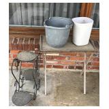 Wooden Fold out table, Wrought iron plant stand