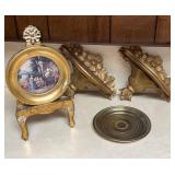Picture w/easel, brass tray, gold tone Shelves