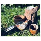Metal Bird, 2 Terra-Cotta Pots & Ceramic Face Tree