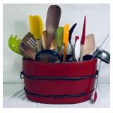 Red Wooden Oval Container w/Utensils
