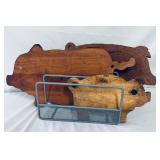 3 Wooden Pig Cutting Boards & Rack