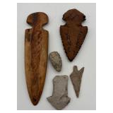 2 Arrow Head Stones & Carved Wood Pieces