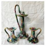 3 VTG Czech Art Pottery Candlesticks w/ Drip Glaze