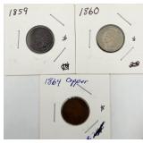 1959, 1860, 1864-Copper Indian Head Pennies