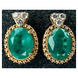 GGA Sterling Silver Emerald & Diamond Earrings