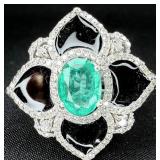 GGA Sterling Silver Emerald & Diamond Ring