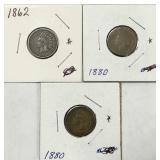 1862, 2-1880 Indian Head Pennies