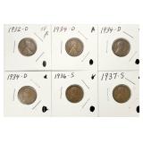 1932-D, 3-1934-D, 1936-S, 1937-S Wheat Pennies