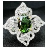 GGA Sterling Silver Tourmaline & Diamond Ring