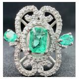 GGA Sterling Silver Emerald & Diamond Ring