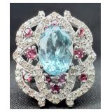 GGA Sterling Silver Aquamarine & Diamond Ring