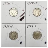 1926-D, 1927-S, 1928-D, 1928-S Mercury Dimes