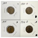 1914, 1915-D, 1916, 1916-D Wheat Pennies