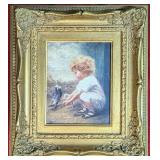 Child Feeding Birds Print in Gilt Frame
