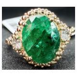 GGA Sterling Silver/18K Gold Emerald & Dimond Ring