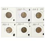 1918-D, 2-1919-S, 2-1921-S, 1921-P Wheat Pennies
