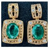 GGA Sterling Silver Emerald & Diamond Earrings
