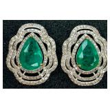 GGA Sterling Silver Emerald & Diamond Earrings