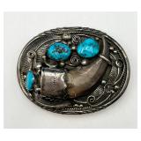 Navajo Sterling, Turquoise & Bear Claw Belt Buckle