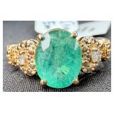 GGA Sterling Silver Emerald & Diamond Ring