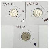 1926-S, 1927-S, 1928-D Mercury Dimes