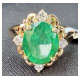 GGA Sterling Silver Emerald & Diamond Ring