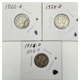 1920-D, 1924-D, 1925-D Mercury Dimes